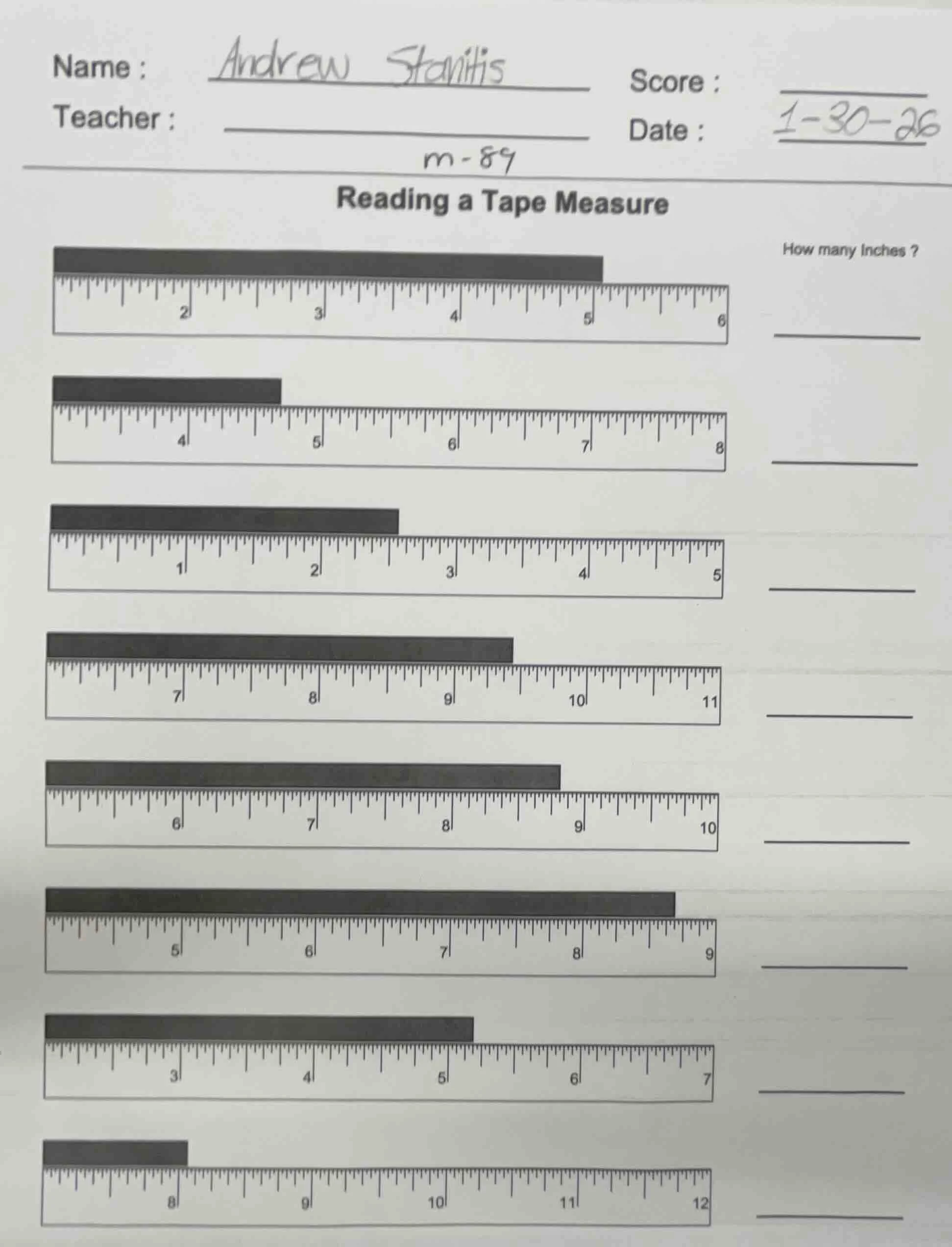 name : andrew stanitis score : teacher : date : 1-30-26 m - 89 reading …