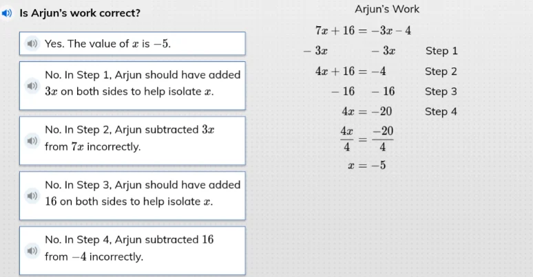 is arjuns work correct? arjuns work 7x + 16 = -3x - 4 - 3x - 3x step 1 …