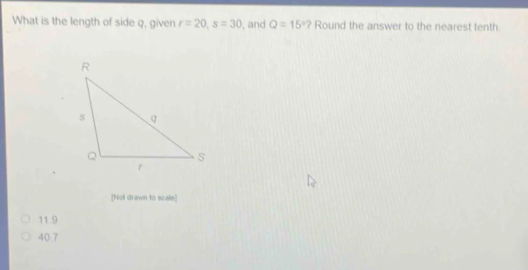 what is the length of side q, given r = 20, s = 30, and q = 15°? round …
