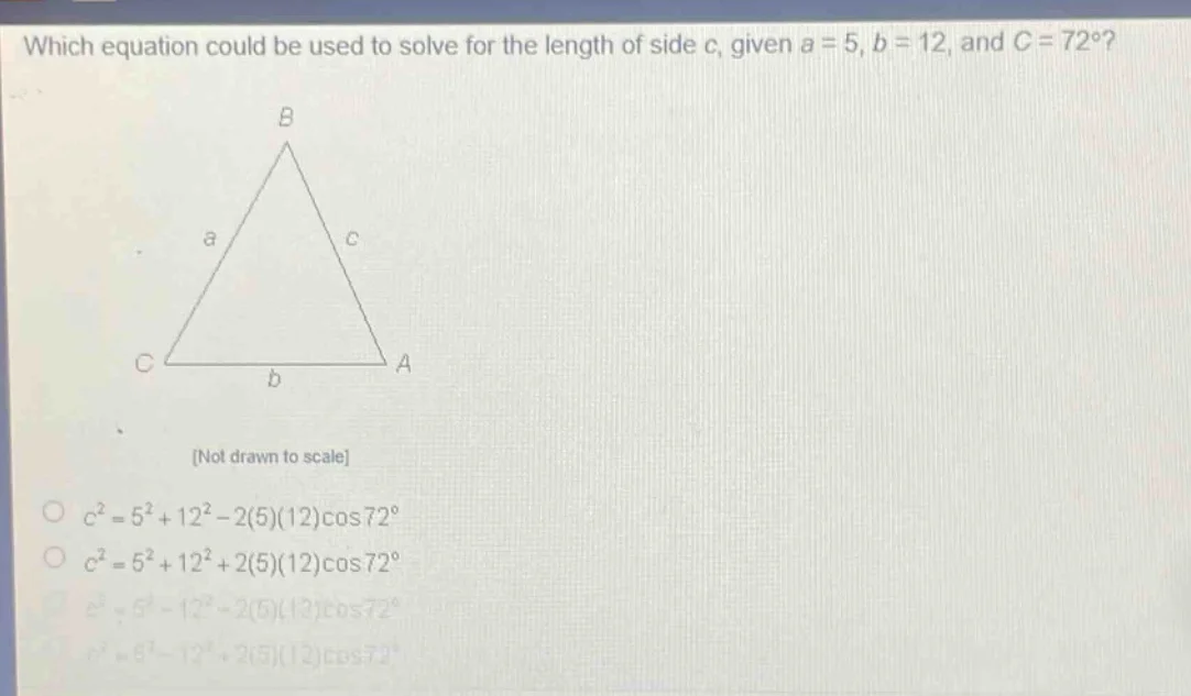which equation could be used to solve for the length of side c, given a…