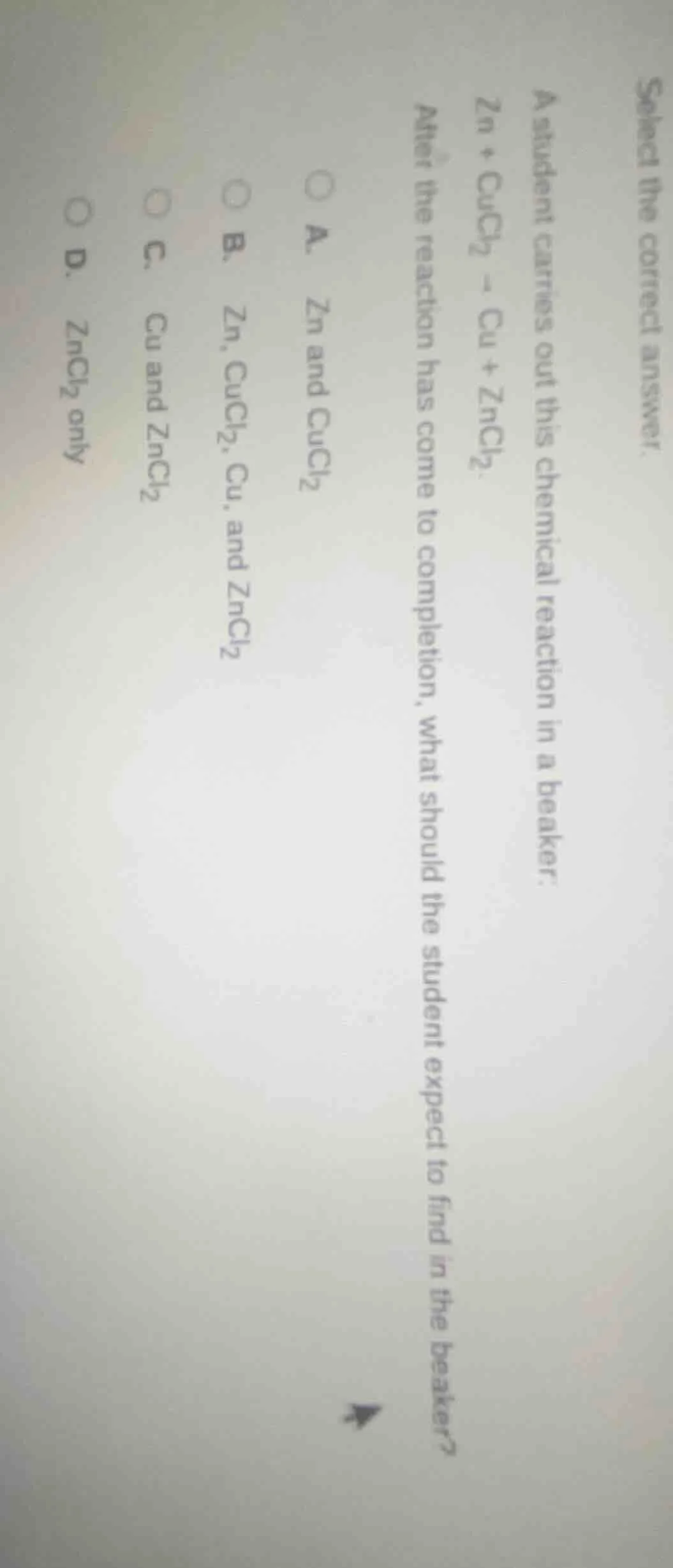 select the correct answer. a student carries out this chemical reaction…