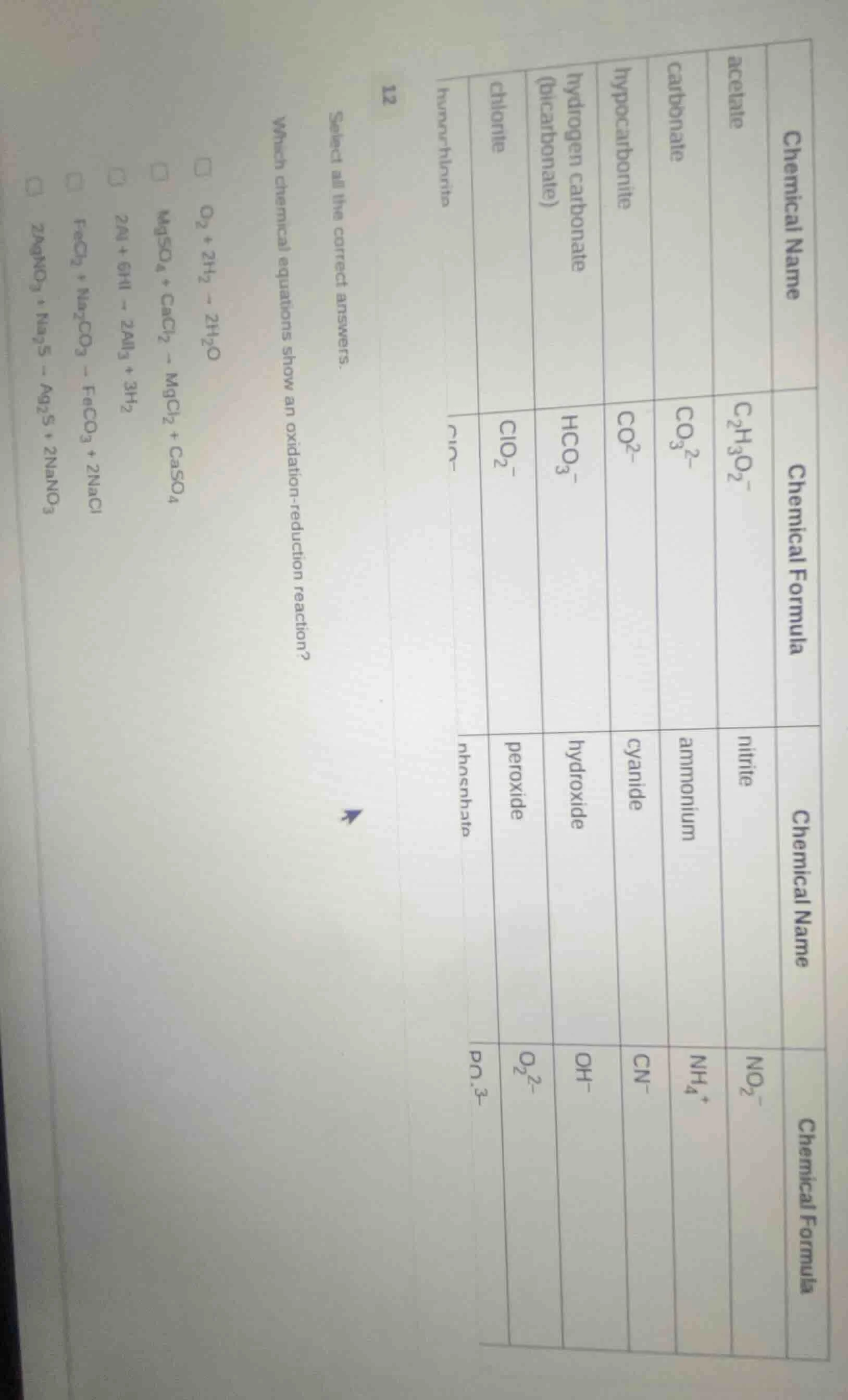 12 select all the correct answers. which chemical equations show an oxi…