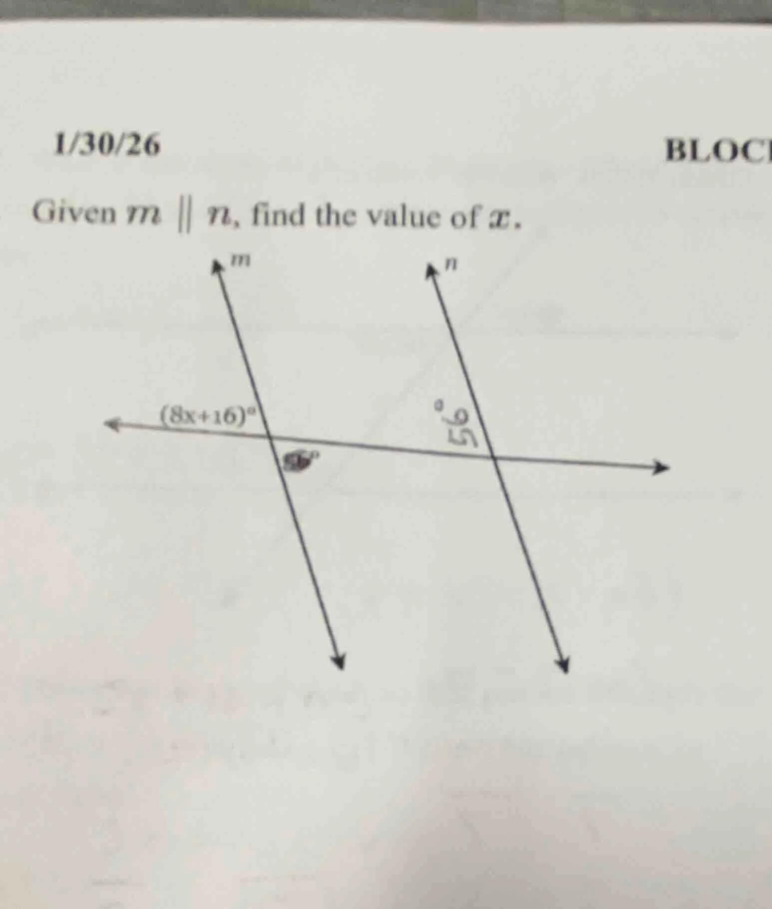 1/30/26 bloc given ( m parallel n ), find the value of ( x ).