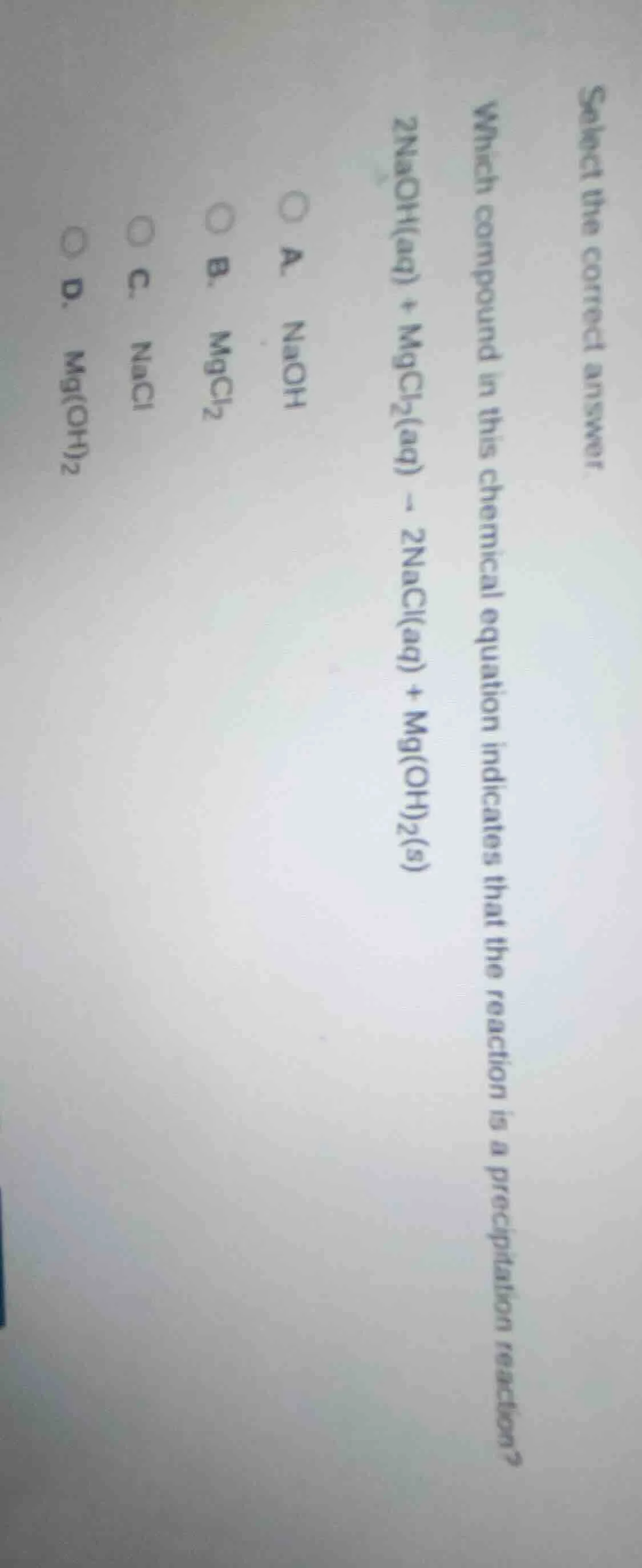 select the correct answer. which compound in this chemical equation ind…