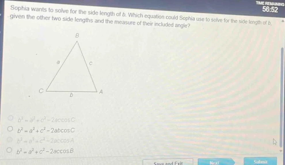 sophia wants to solve for the side length of ( b ). which equation coul…