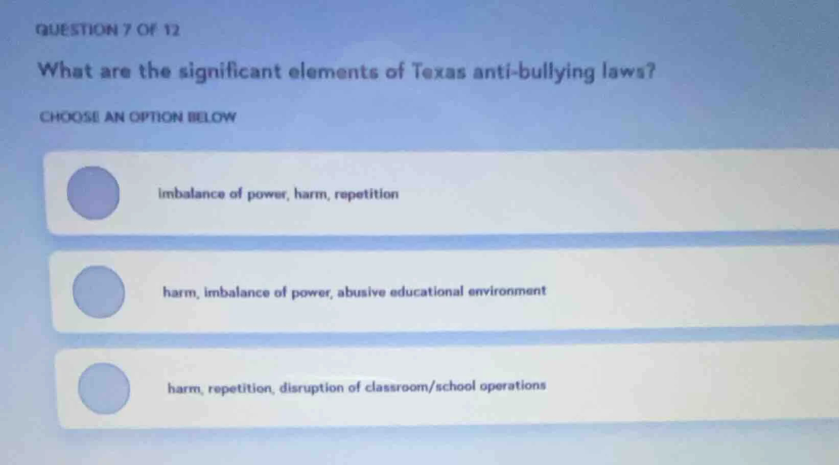 question 7 of 12 what are the significant elements of texas anti - bull…