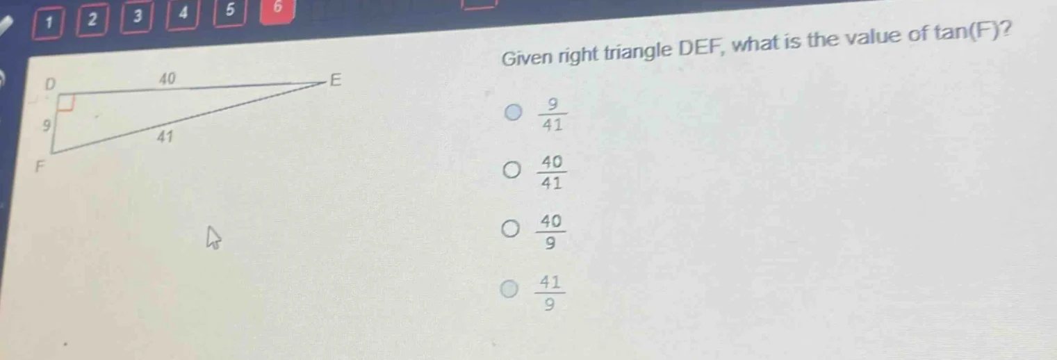given right triangle def, what is the value of tan(f)? options: $\\frac…