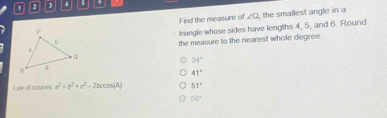 find the measure of $\\angle q$, the smallest angle in a triangle whose…