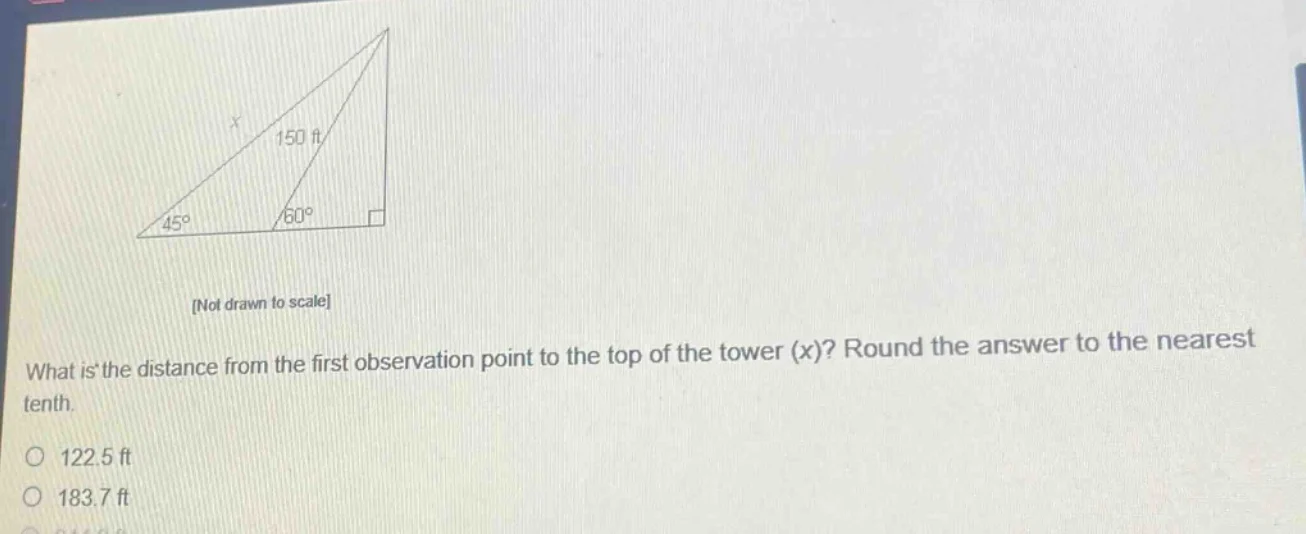 150 ft 45° 60° not drawn to scale what is the distance from the first o…