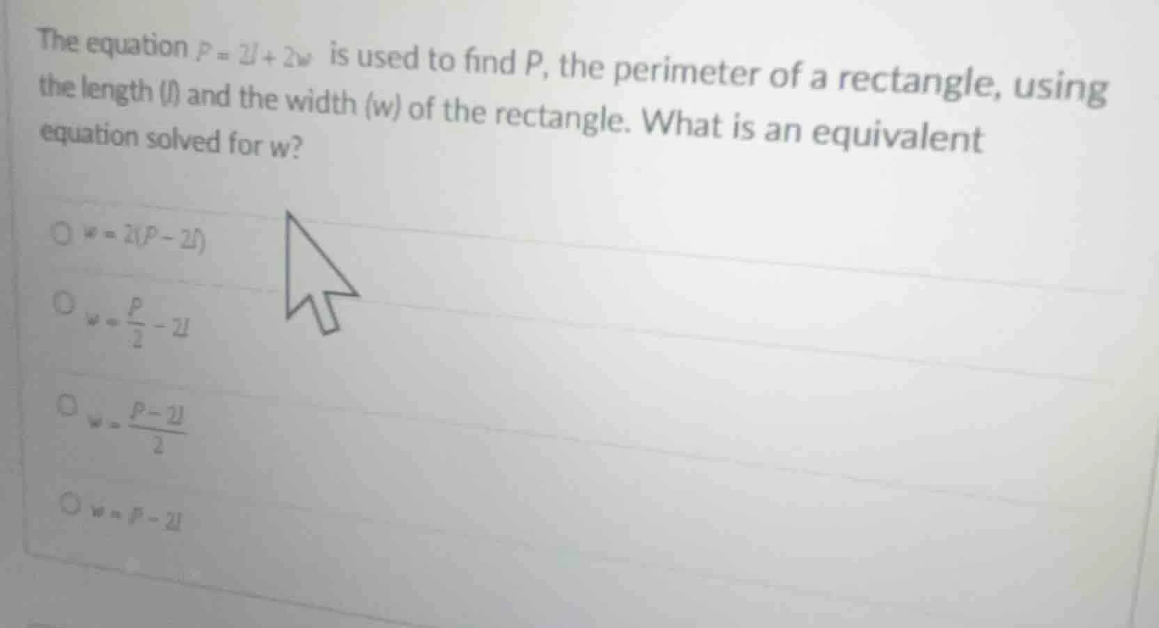 the equation $p = 2l + 2w$ is used to find $p$, the perimeter of a rect…