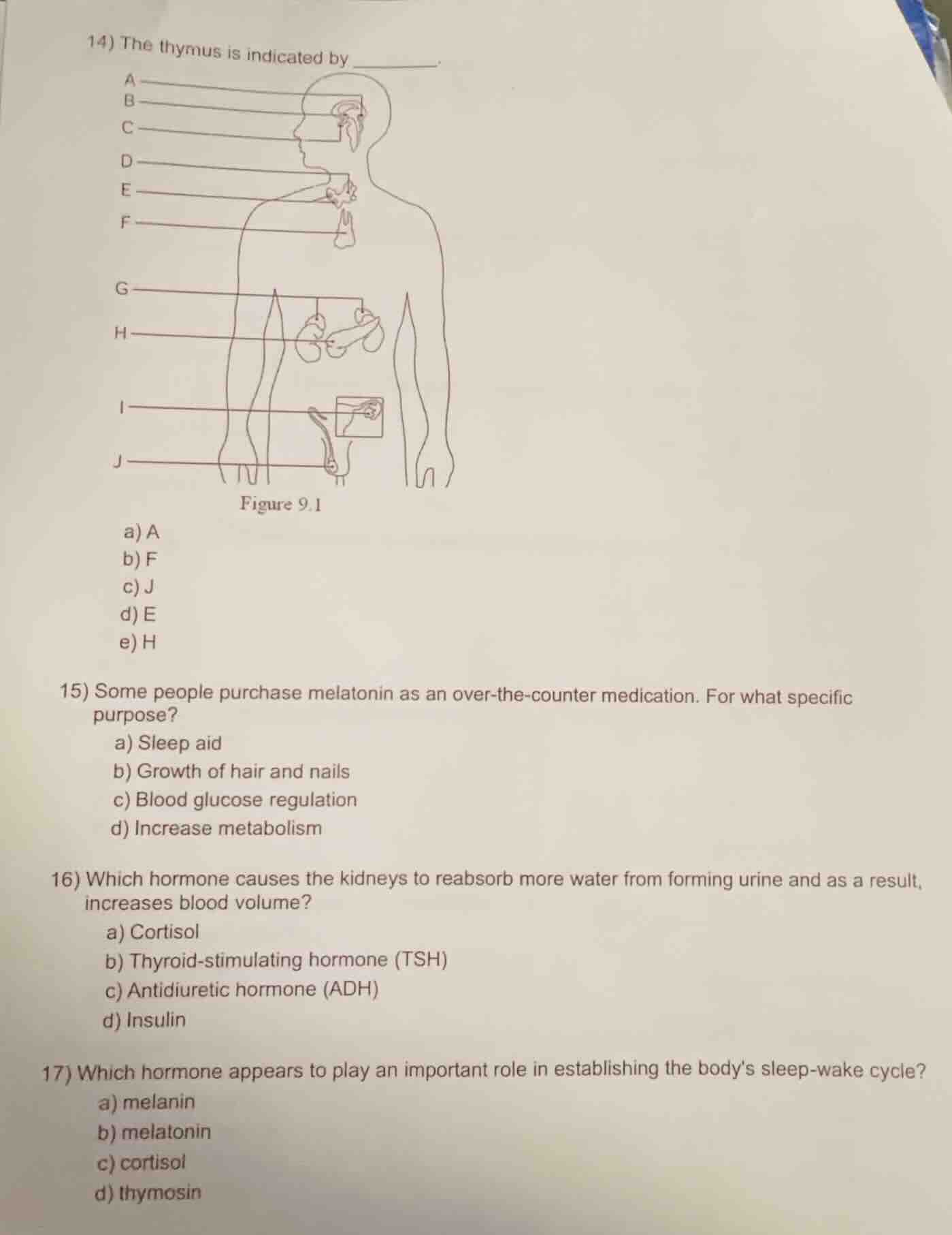 14) the thymus is indicated by ______. figure 9.1 a) a b) f c) j d) e e…