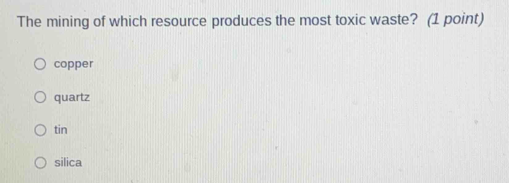 the mining of which resource produces the most toxic waste? (1 point) c…
