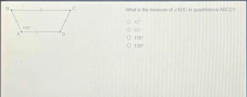 what is the measure of ∠adc in quadrilateral abcd? 45° 65° 115° 135°