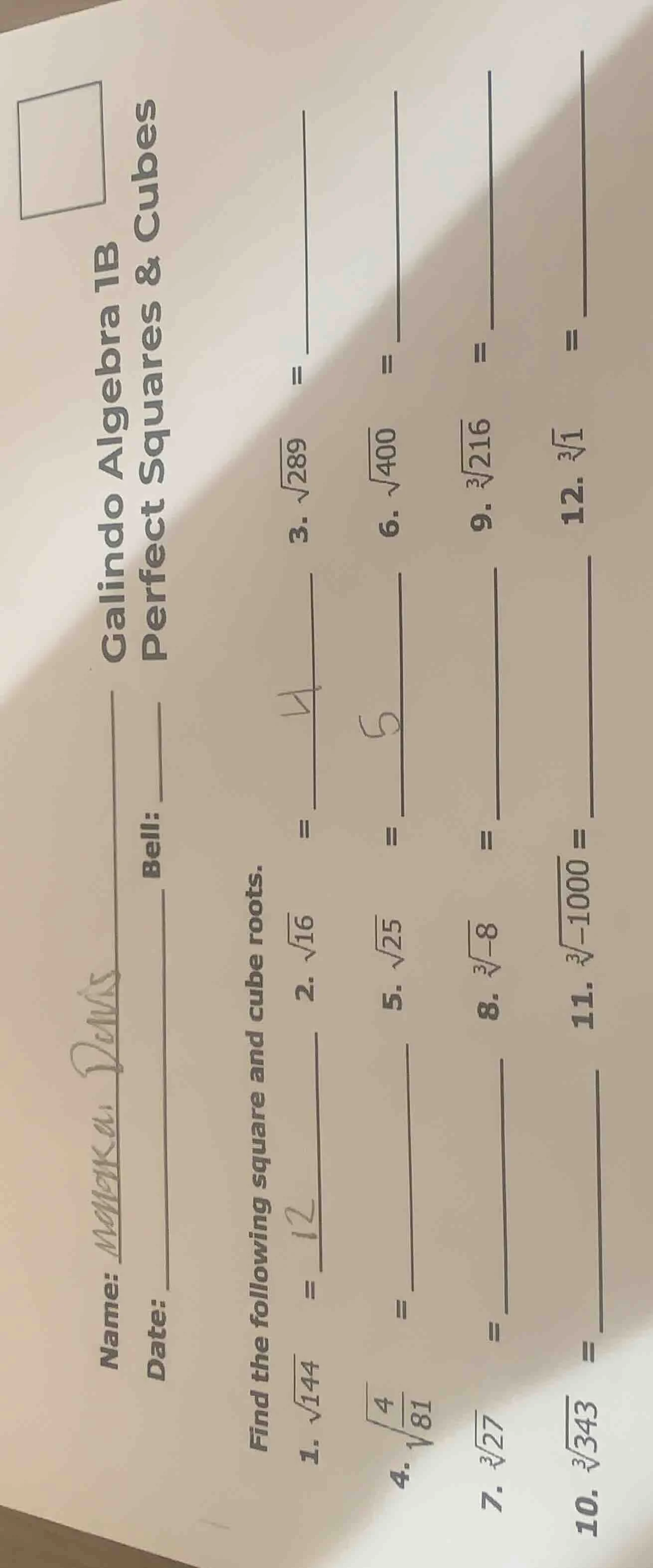 calindo algebra 1b name: date: bell: perfect squares & cubes find the f…