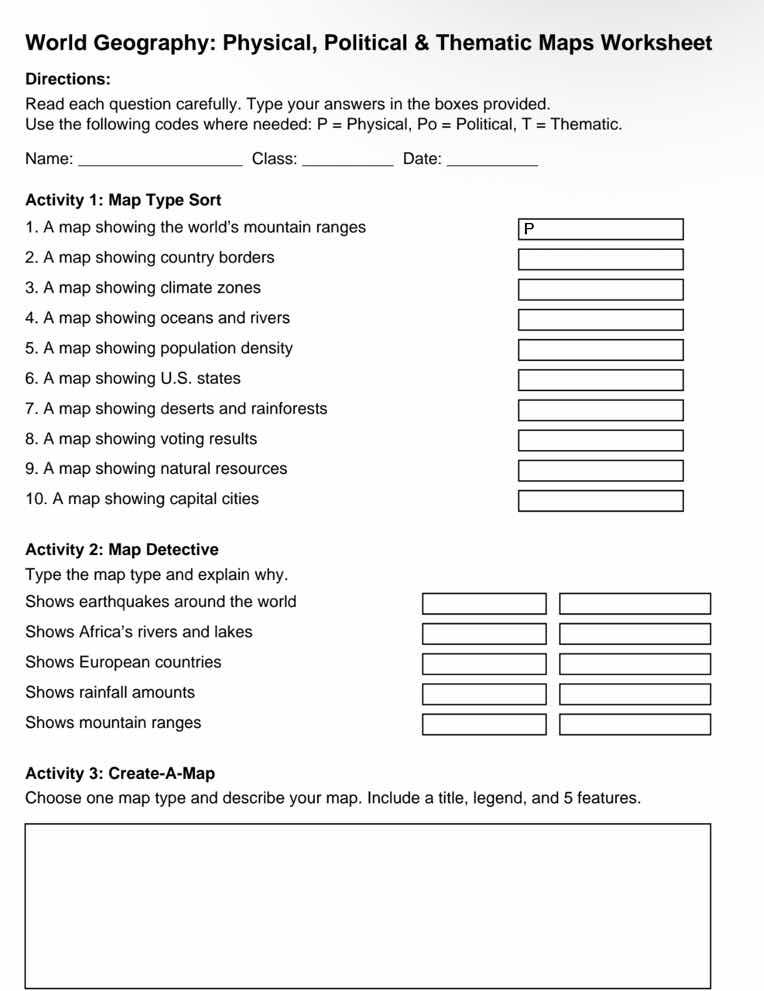 world geography: physical, political & thematic maps worksheet directio…