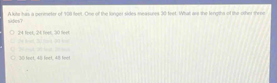 a kite has a perimeter of 108 feet. one of the longer sides measures 30…