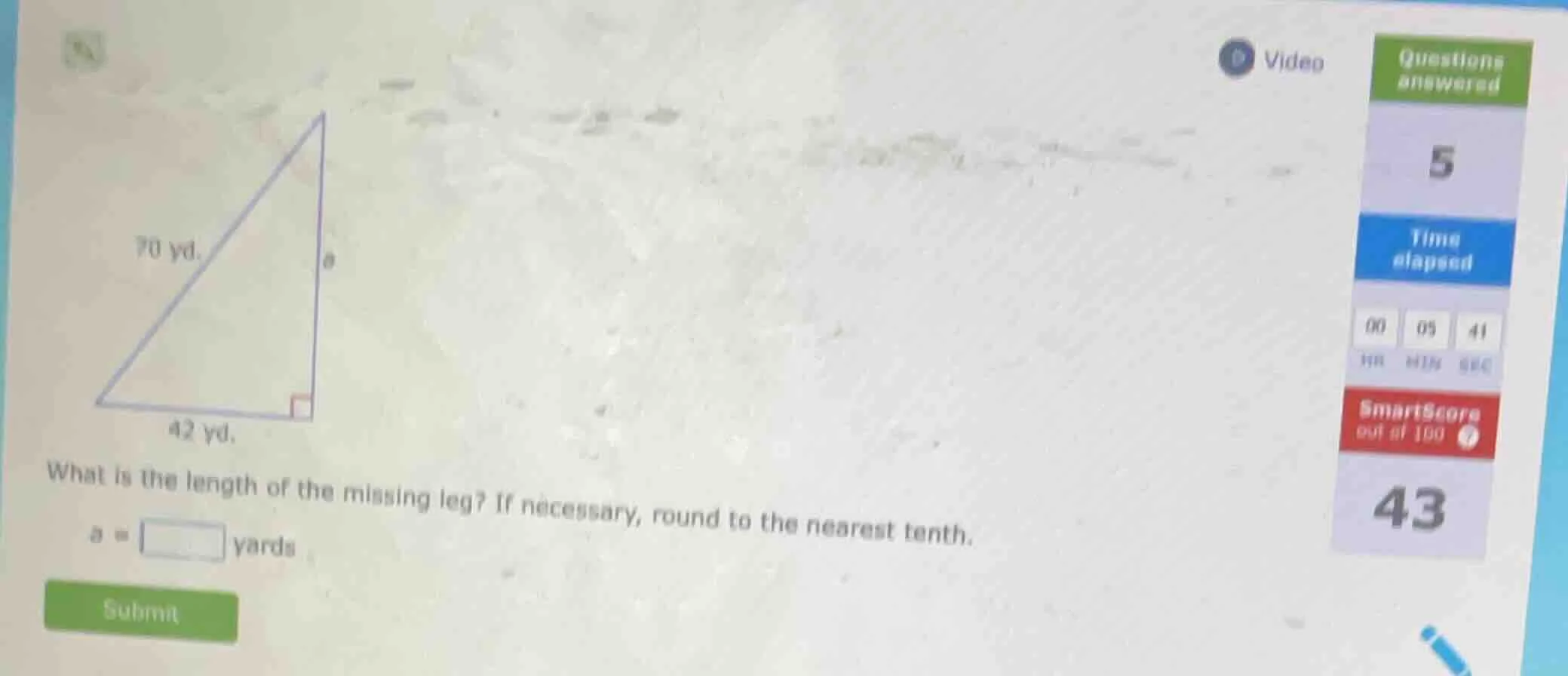 70 yd. 42 yd. what is the length of the missing leg? if necessary, roun…