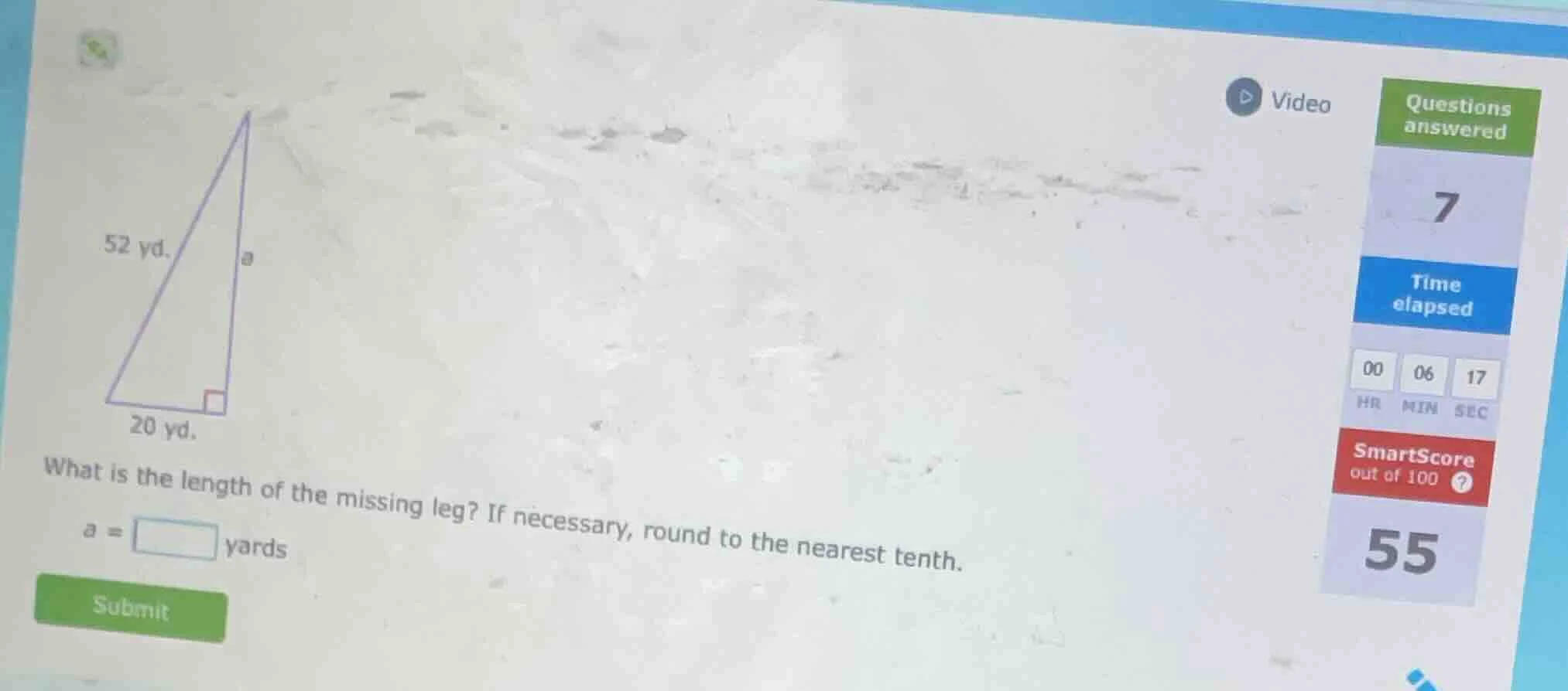 52 yd. a 20 yd. what is the length of the missing leg? if necessary, ro…