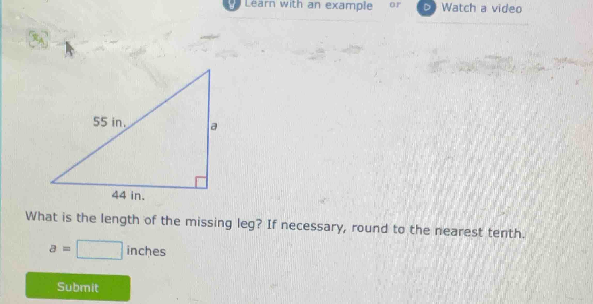 55 in. 44 in. what is the length of the missing leg? if necessary, roun…