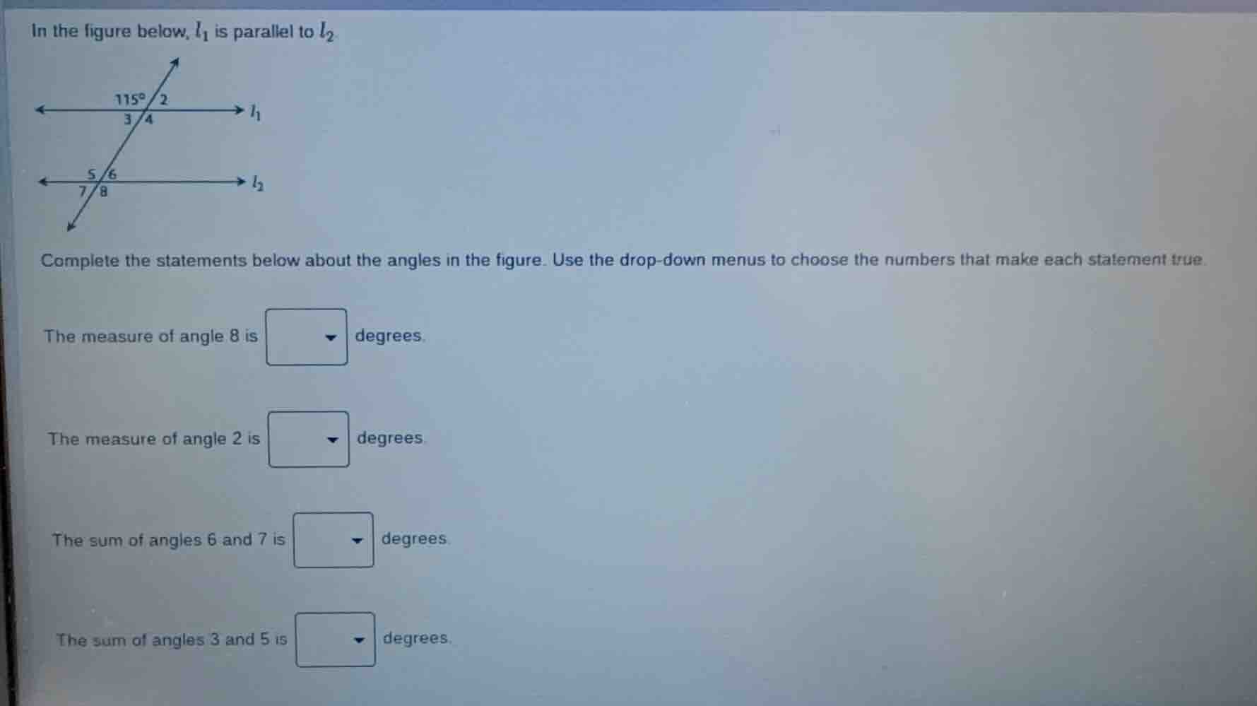 in the figure below, ( l_1 ) is parallel to ( l_2 ). complete the state…