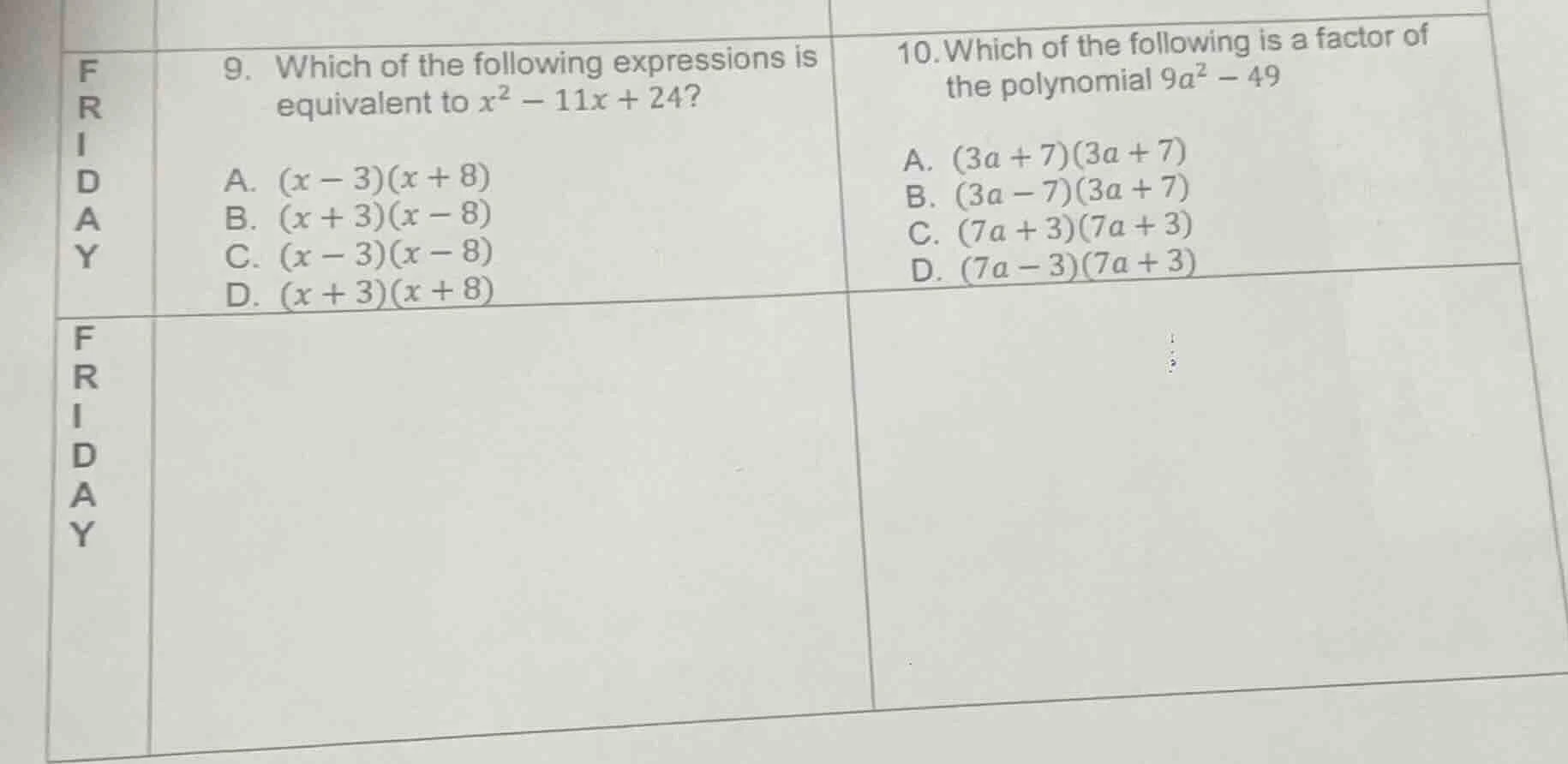 9. which of the following expressions is equivalent to $x^2 - 11x + 24$…
