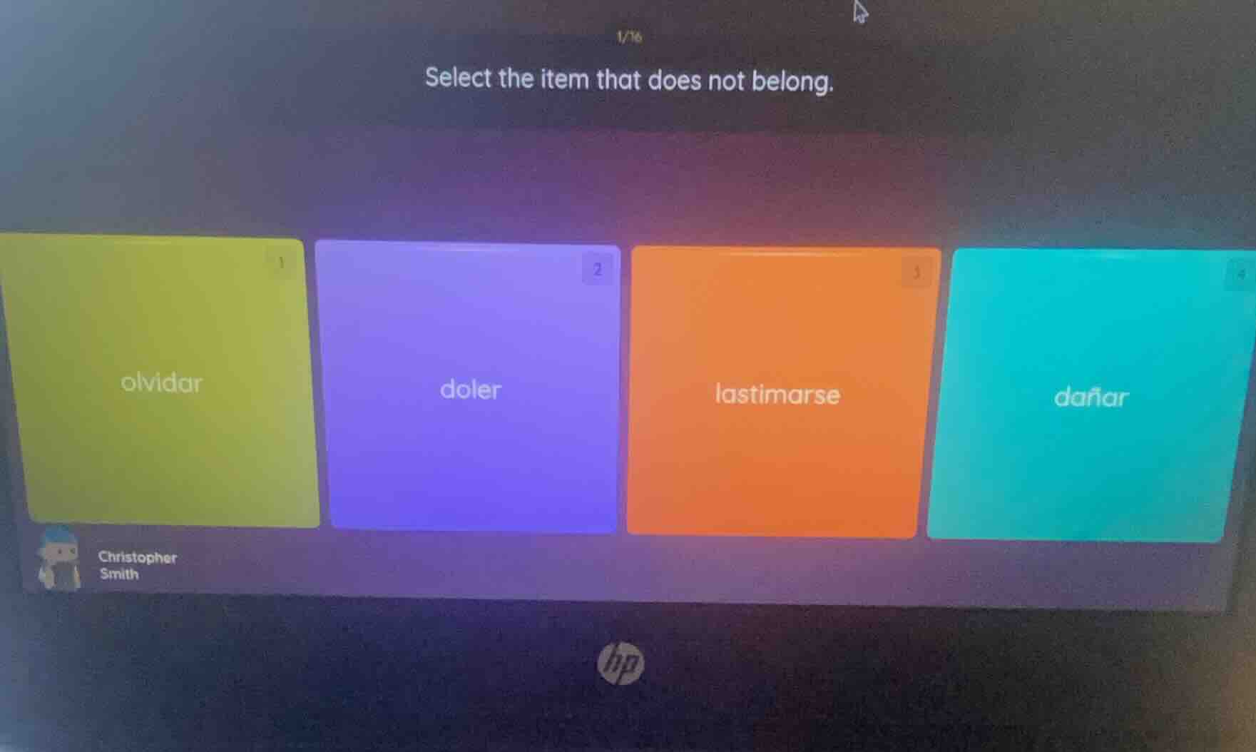 select the item that does not belong. 1 olvidar 2 doler 3 lastimarse 4 …