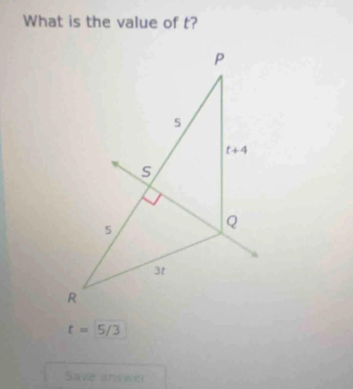 what is the value of t? p 5 s 5 r 3t q t+4