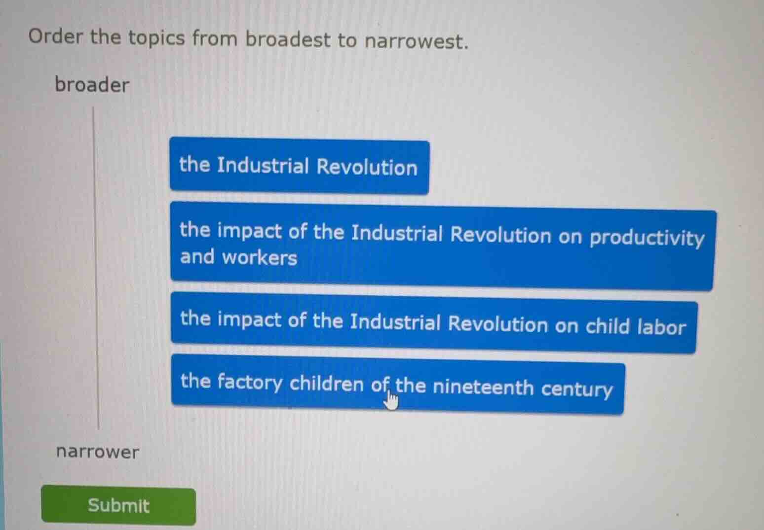 order the topics from broadest to narrowest. broader the industrial rev…