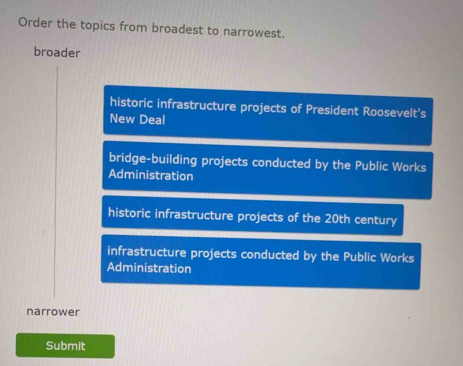 order the topics from broadest to narrowest. broader historic infrastru…