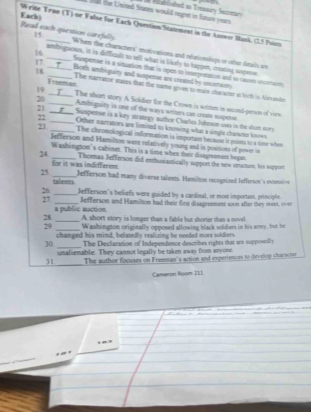 write true (t) or false for each question statement in the answer blank…