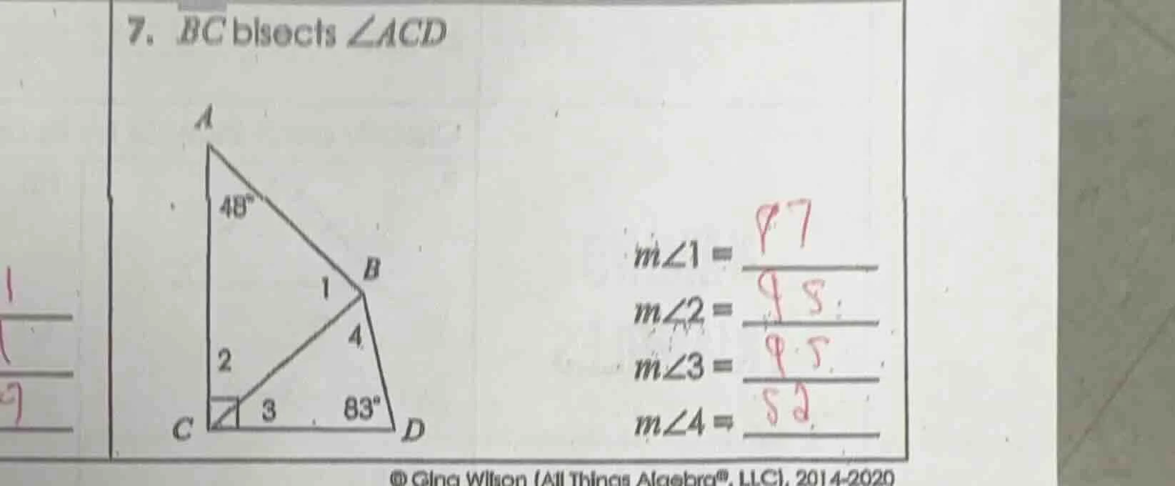 7. $bc$ bisects $\\angle acd$ find $m\\angle1 = \\underline{quad}$, $m\…