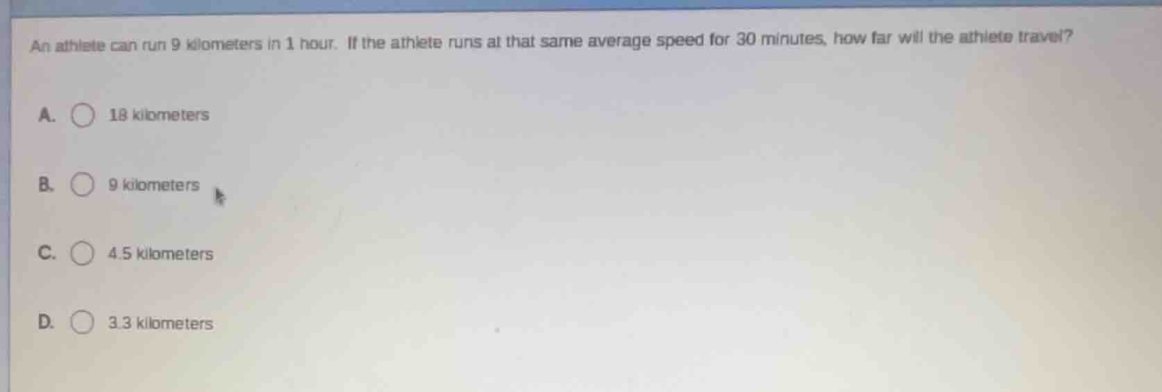 an athlete can run 9 kilometers in 1 hour. if the athlete runs at that …