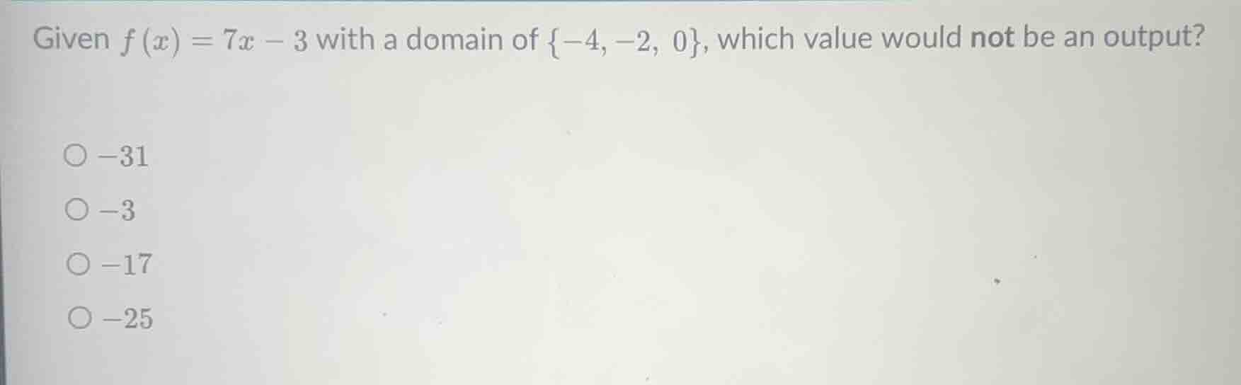 given $f(x) = 7x - 3$ with a domain of ${-4, -2, 0}$, which value would…