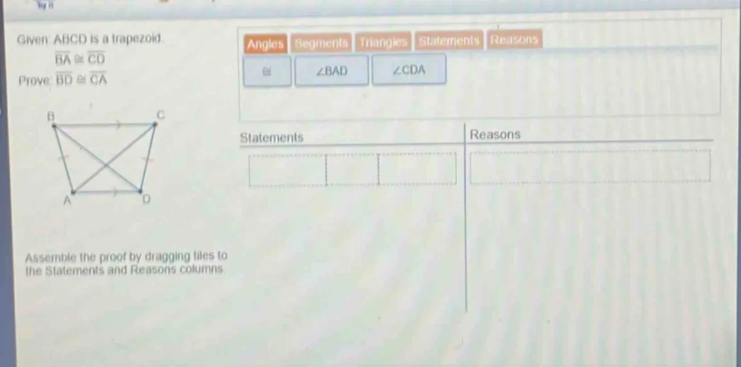 given abcd is a trapezoid, (overline{ba} cong overline{cd}) prove: (ove…