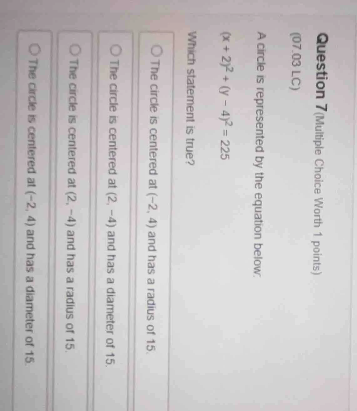 question 7 (multiple choice worth 1 points) (07.03 lc) a circle is repr…