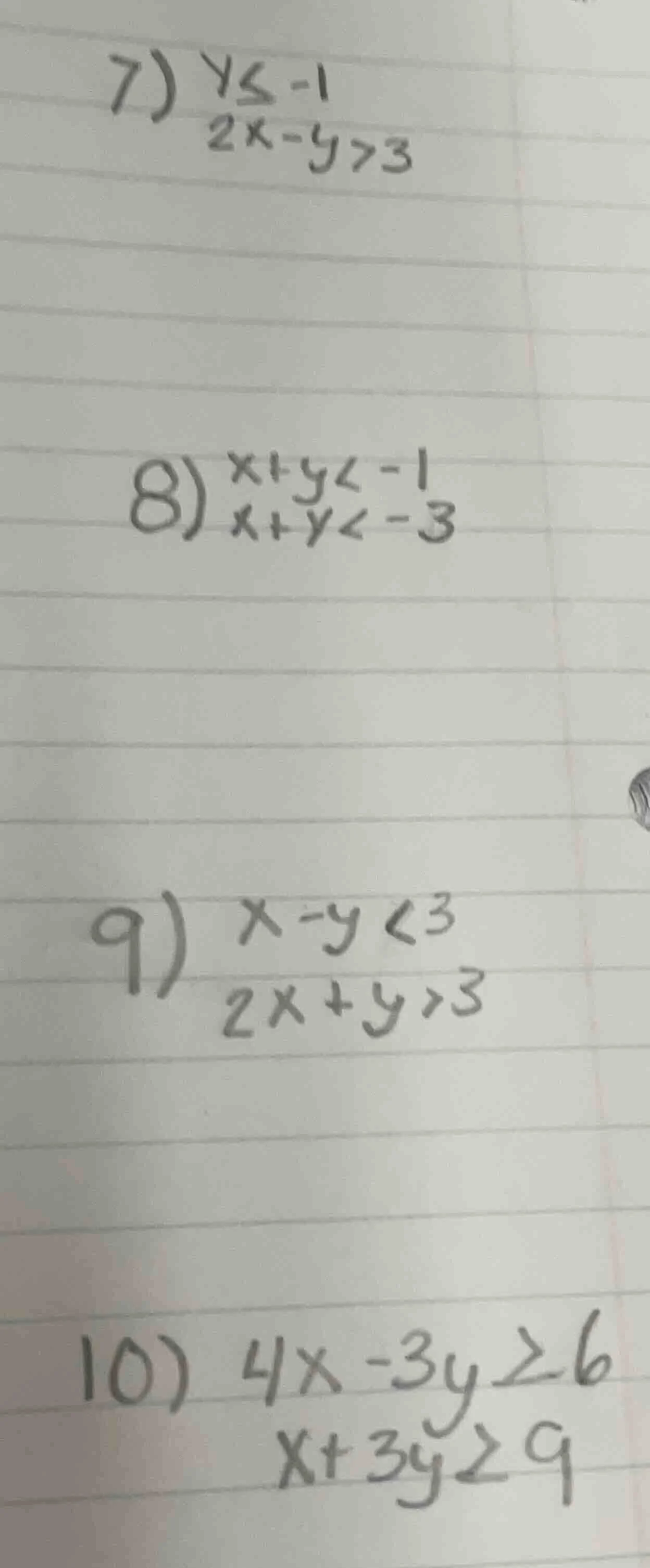 7) $yleq -1$ $2x - y > 3$ 8) $x + y < -1$ $x + y < -3$ 9) $x - y < 3$ $…