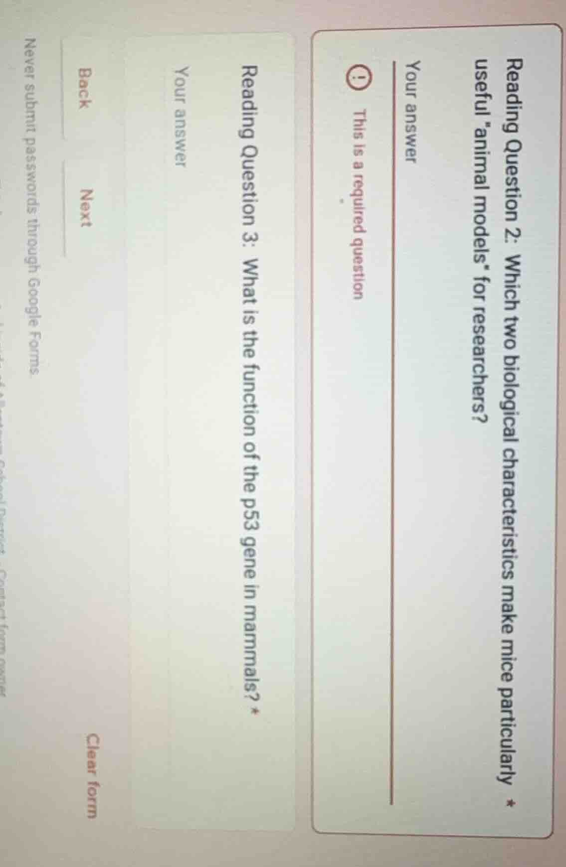 reading question 2: which two biological characteristics make mice part…