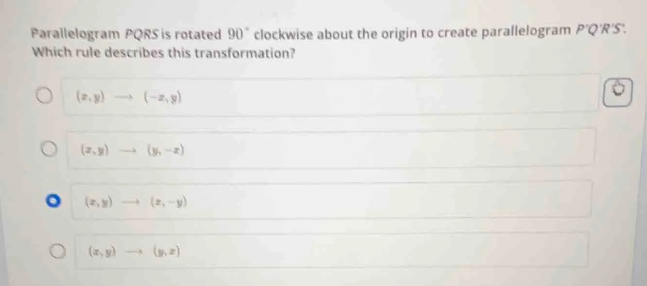 parallelogram pqrs is rotated $90^{\\circ}$ clockwise about the origin …