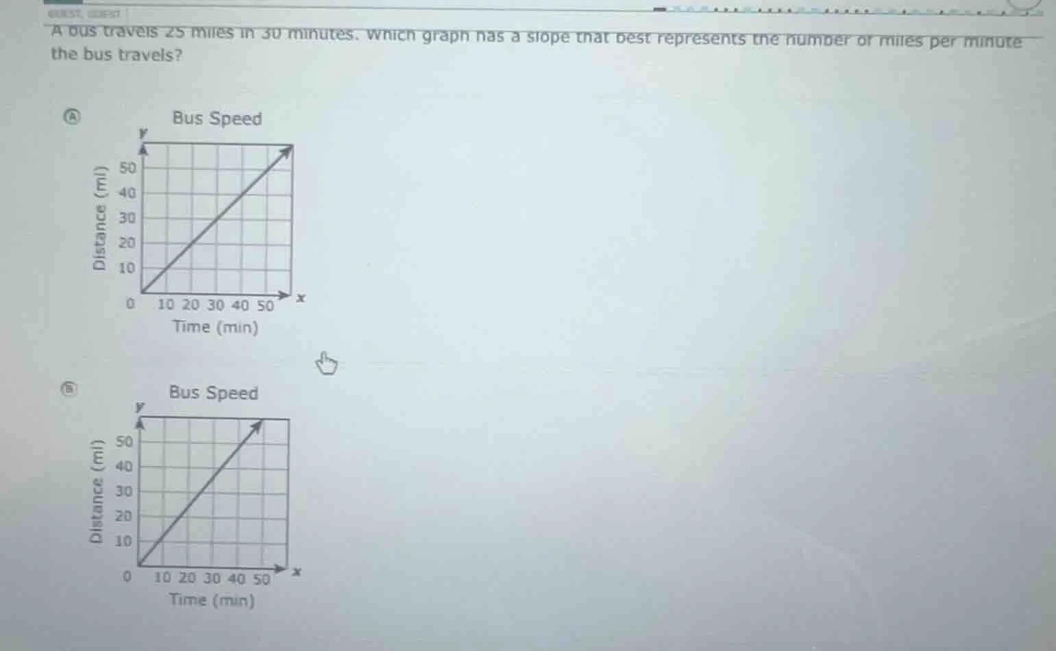 a bus travels 25 miles in 30 minutes. which graph has a slope that best…