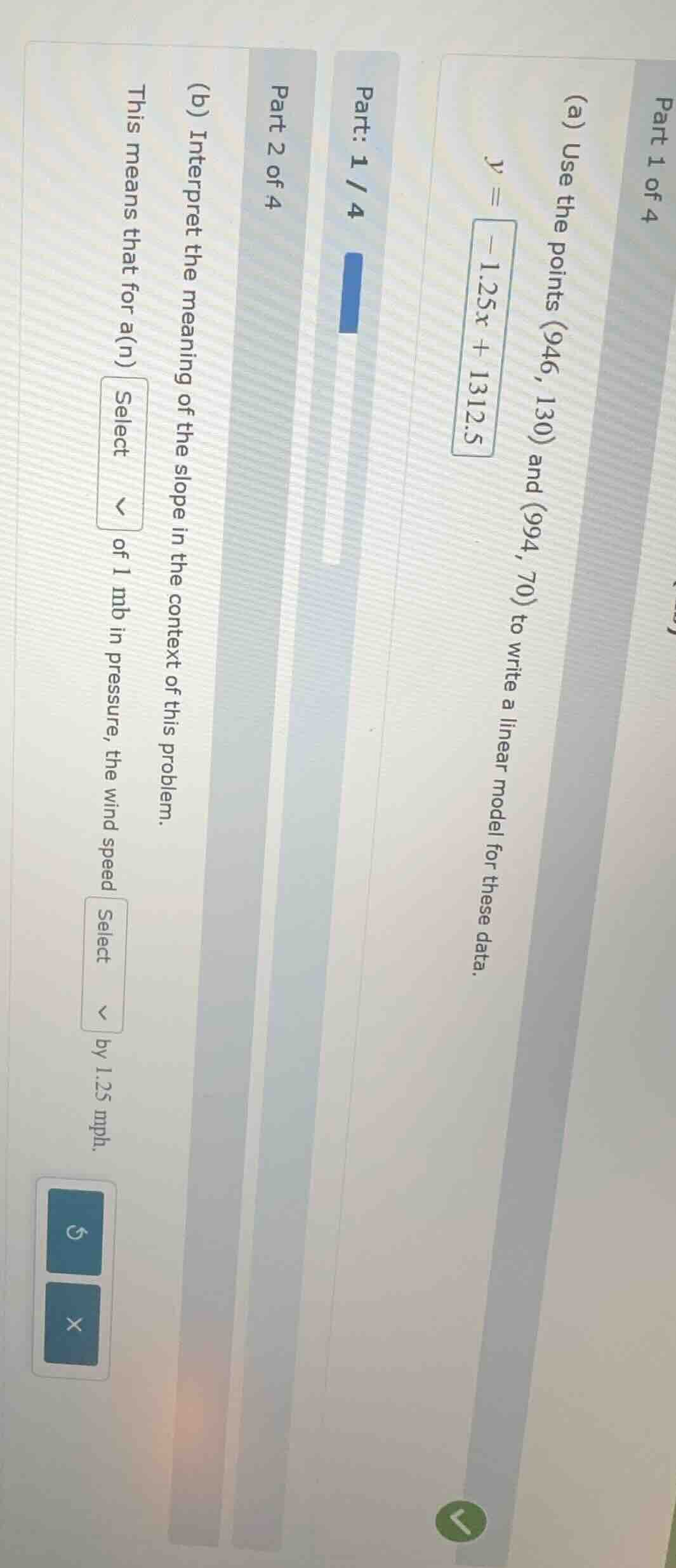 part 1 of 4 (a) use the points (946, 130) and (994, 70) to write a line…