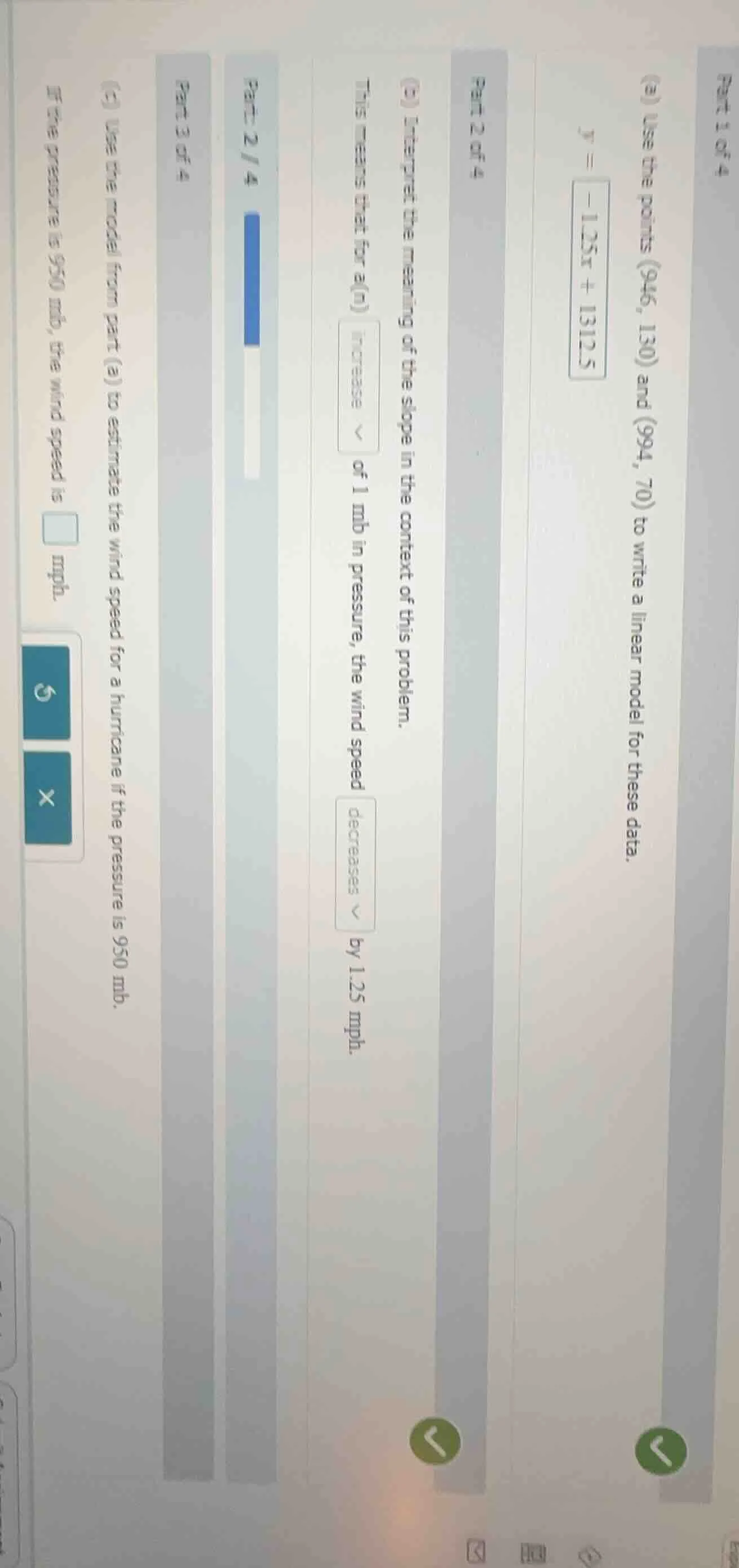 part 1 of 4 (a) use the points (946, 130) and (994, 70) to write a line…