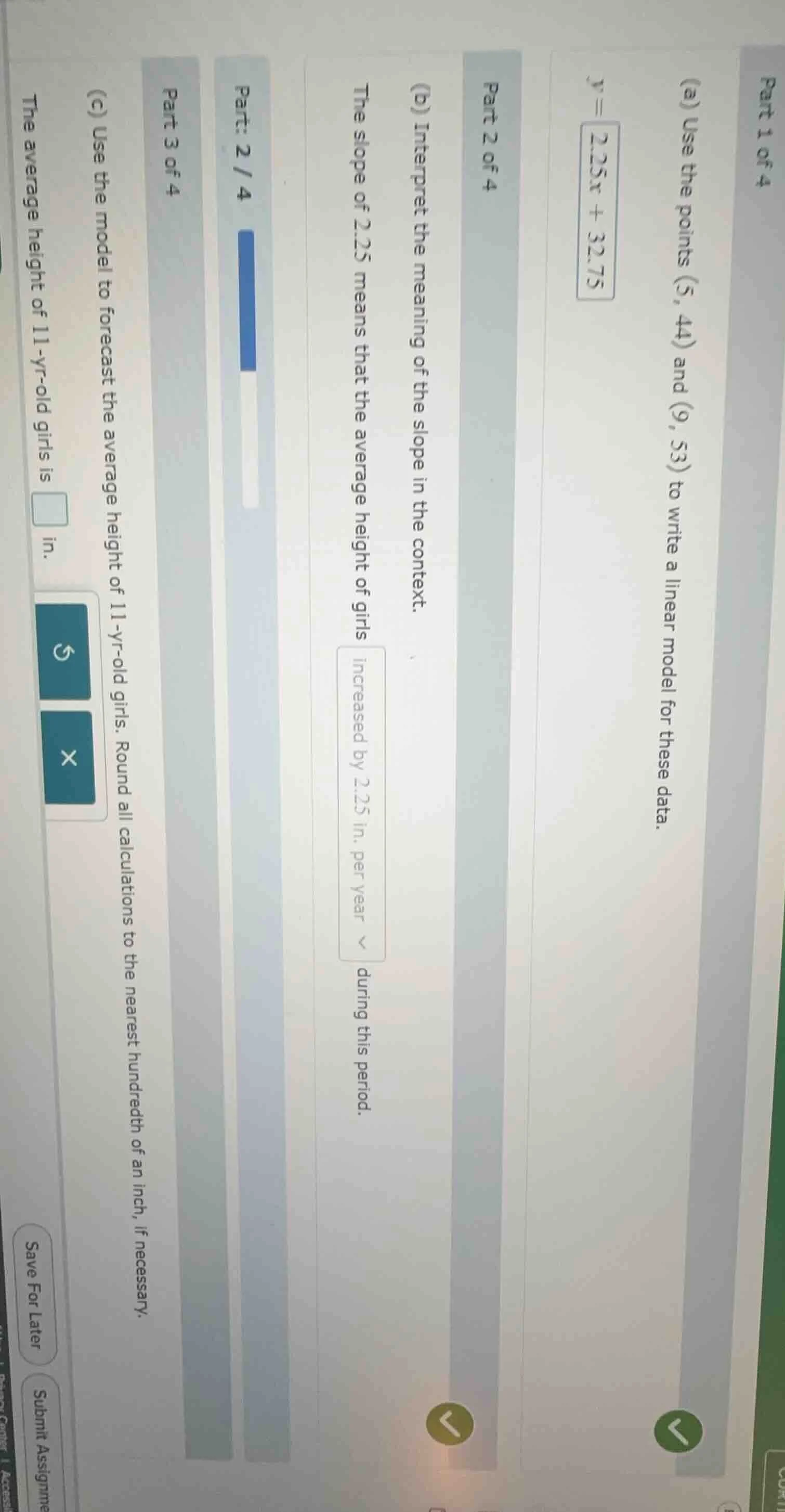 part 1 of 4 (a) use the points (5, 44) and (9, 53) to write a linear mo…