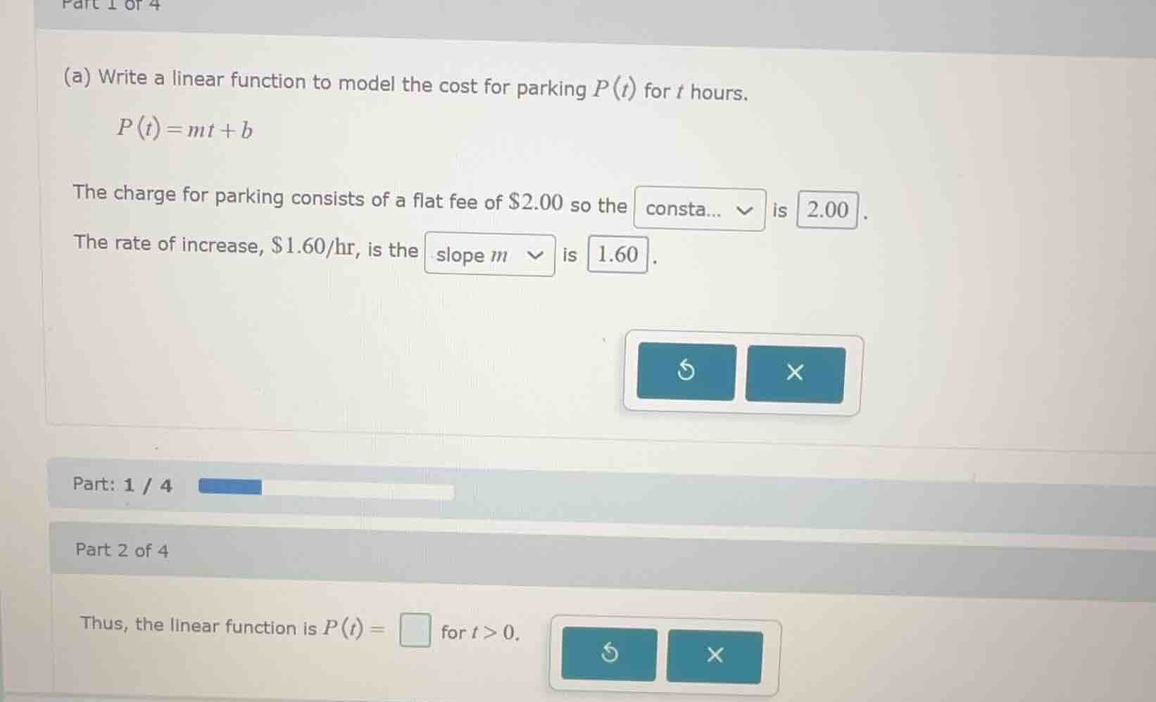 part 1 of 4 (a) write a linear function to model the cost for parking (…