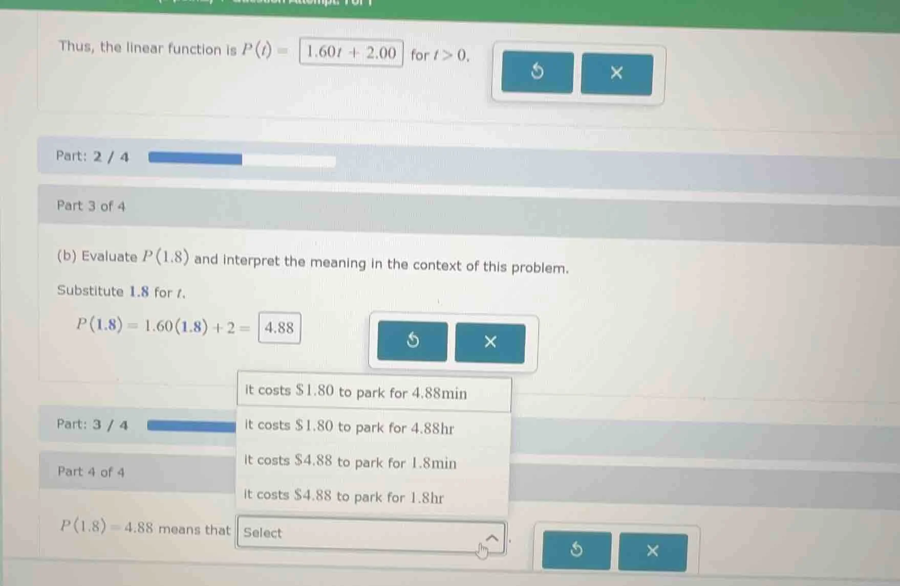 thus, the linear function is $p(t) = 1.60t + 2.00$ for $t > 0$. part: 2…
