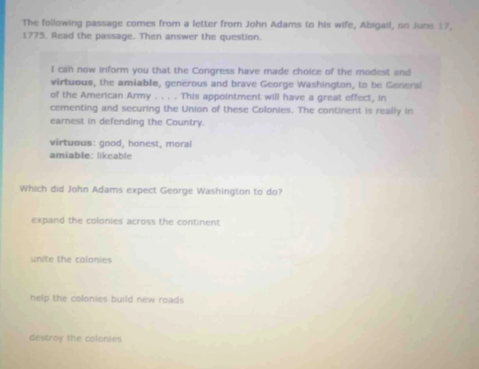 the following passage comes from a letter from john adams to his wife, …