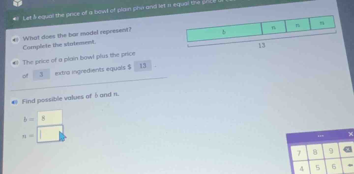 let b equal the price of a bowl of plain phở and let n equal the price …