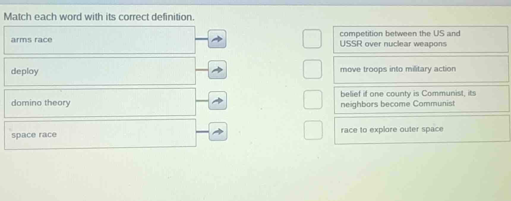 match each word with its correct definition. arms race deploy domino th…