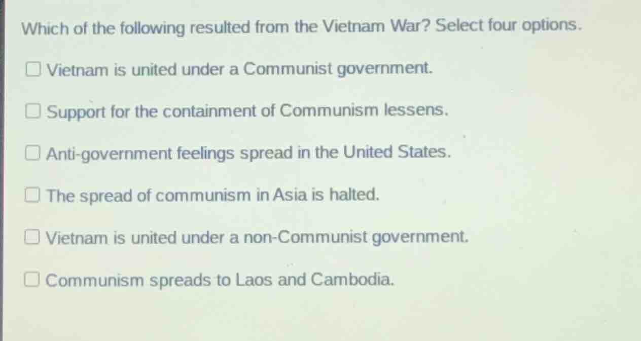which of the following resulted from the vietnam war? select four optio…