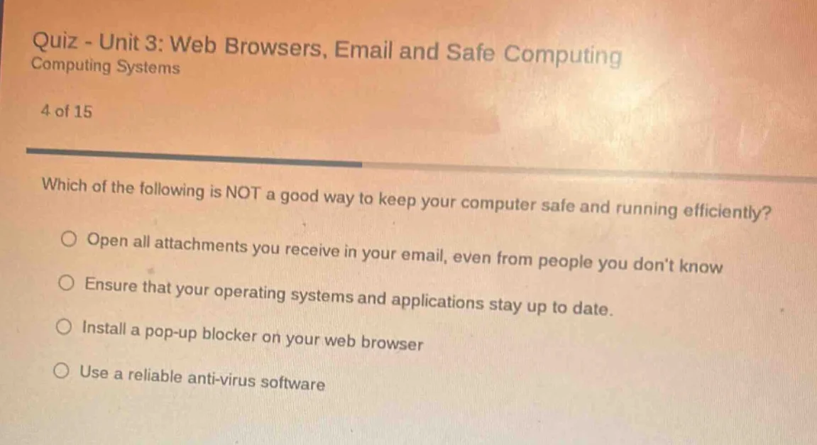 quiz - unit 3: web browsers, email and safe computing computing systems…