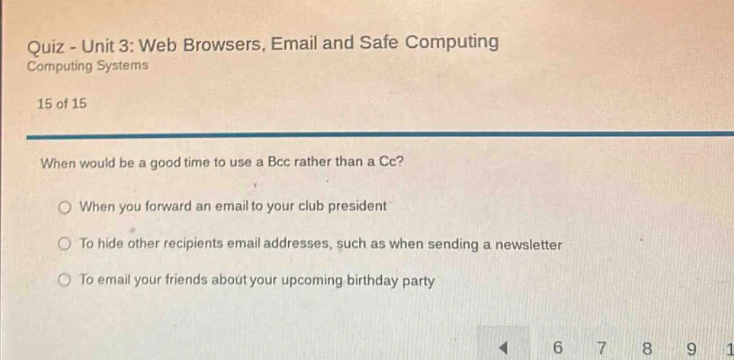 quiz - unit 3: web browsers, email and safe computing computing systems…